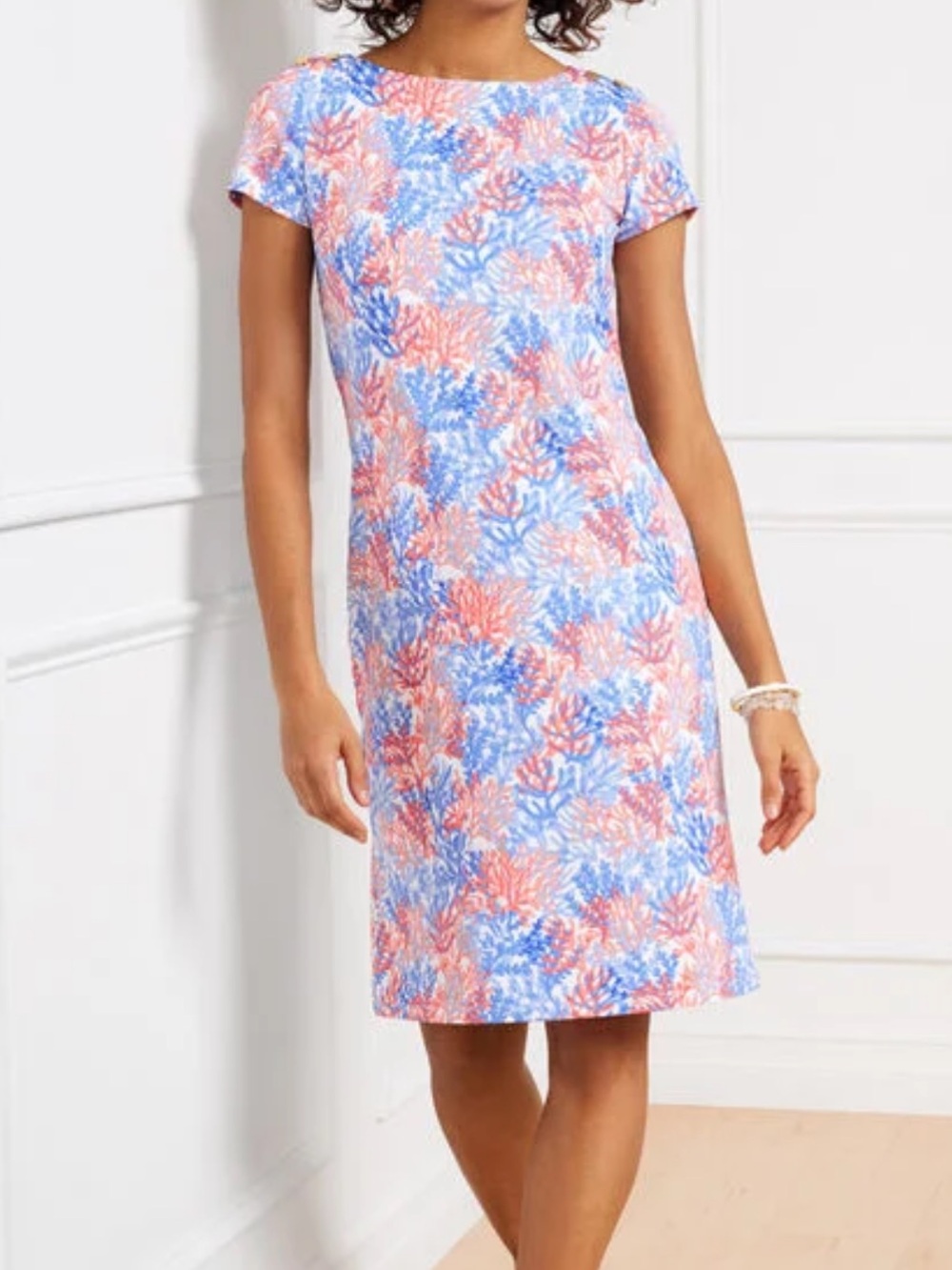 Talbots Effortless Jersey Shift Dress Dynamic Coral-Print Short Sleeve Stretch